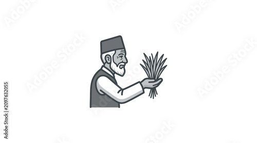 A stylized illustration of an elderly farmer holding a bundle of harvested rice stalks.