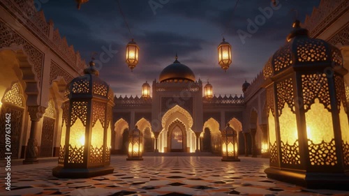 Majestic Islamic Architecture Courtyard at Night with Glowing Traditional Lanterns and Grand Mosque Dome