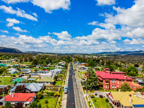 An aerial view at Tenterfield, Australia on a sunny day. with colorful buildings 