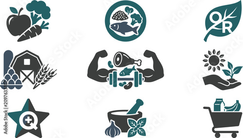 Foto Healthy Nutrition and Organic Diet Food Icon Collection with Fitness Agriculture