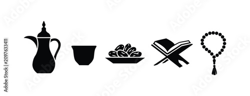 Ramadan Icon Set – Black Silhouette Vector Collection Representing Arabic Coffee, Dates, Quran, and Prayer Beads for Islamic Culture Design