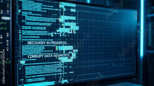 Computer monitor displaying digital recovery screen with corrupt data.