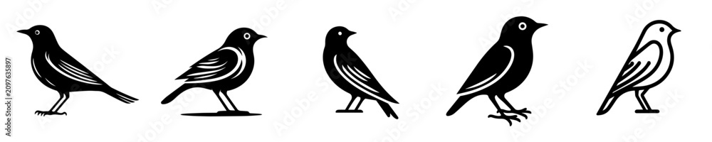 Fototapeta premium Bird silhouette vectors set. Black and white small sparrow standing positions illustration for logo, icon, and design.