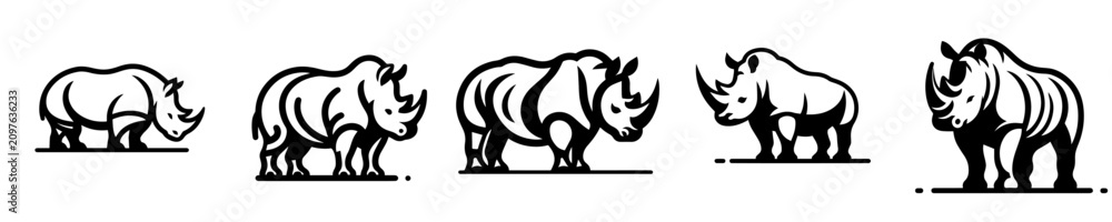 Obraz premium Rhinoceros silhouette vectors set. Black and white powerful rhino standing positions illustration for logo, icon, and design.