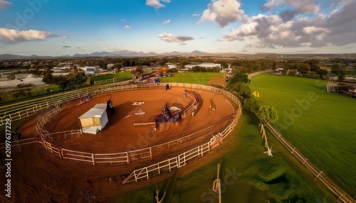 Aerial view of a circular horse training arena