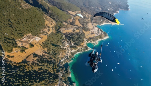 High altitude view of paragliders soaring over a coastal landscape