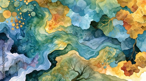 This artwork communicates environmental sustainability, water conservation, and ecological restoration through a colorful abstract watercolor composition.