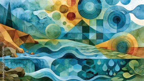 This artwork communicates environmental sustainability, water conservation, and ecological restoration through a colorful abstract watercolor composition.