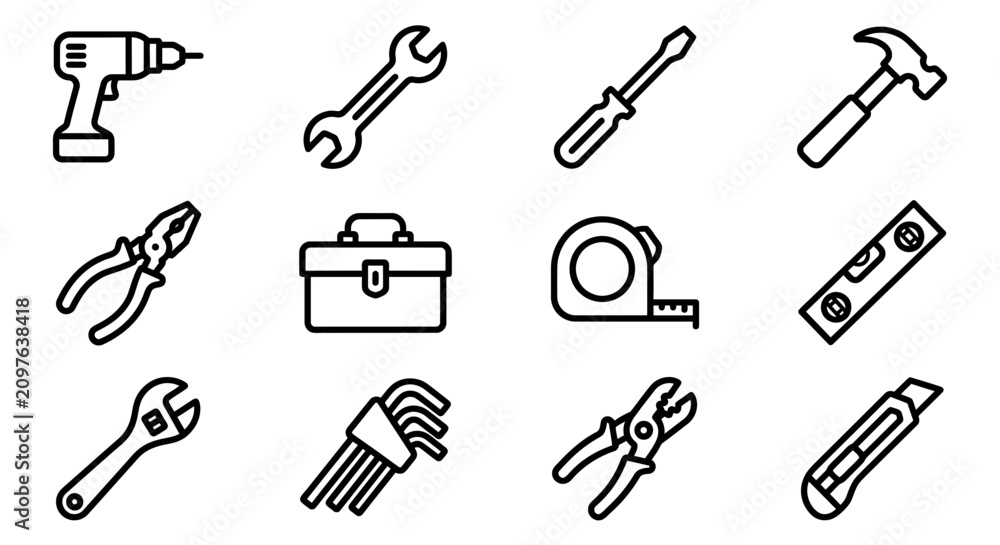 Obraz premium Collection of Hand Tool Icons: Drill, Wrench, Screwdriver, Hammer, Pliers, Toolbox, Tape Measure, Level