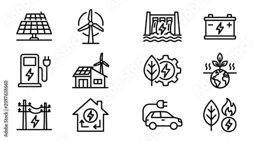Fotografía Renewable Energy Icons: Solar, Wind, Hydro, Battery, EV Charging, Eco Home, Powe