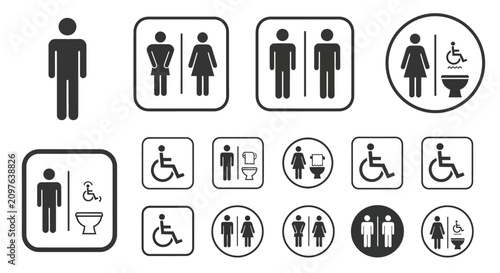 A collection of various restroom and accessibility signage icons