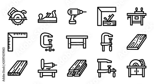 Bild auf Leinwand Woodworking Tools Icons Set: Saw, Drill, Plane, Clamp, Workbench, Wood Boards