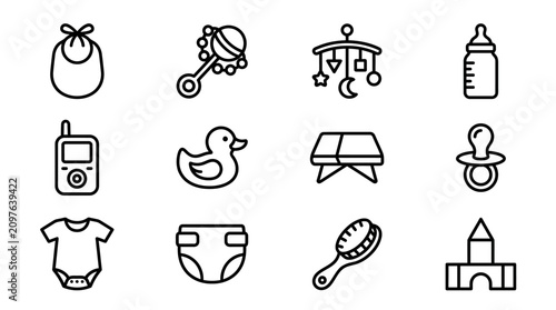 Принти на полотні Baby Icons Set: Bib, Rattle, Mobile, Bottle, Phone, Duck, Diaper, Pacifier, Ones