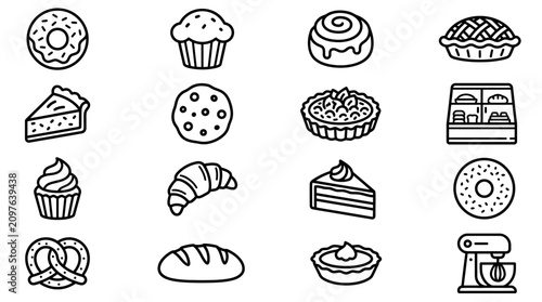 Schilderij op canvas Bakery Icons: Assorted Pastries and Desserts Collection - Line Art