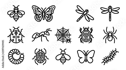 Bild auf Leinwand Collection of Insect Icons: Bee, Butterfly, Dragonfly, Ladybug, Ant, Spider, Bee