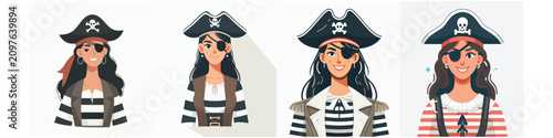Принти на полотні Set of Female Pirate Character Avatars with Eyepatch in Cartoon Flat Vector Illu