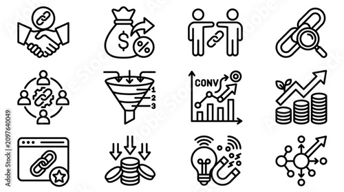 Business Growth Icons: SEO, Marketing, Finance, Partnership, Conversion, Strategy