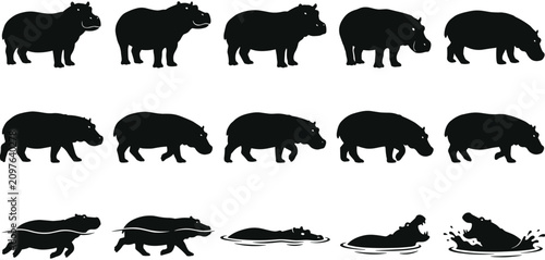 Photography Black hippopotamus silhouette vector set, wild hippo icons, standing walking swimming aquatic animals collection, safari wildlife graphics isolated white background