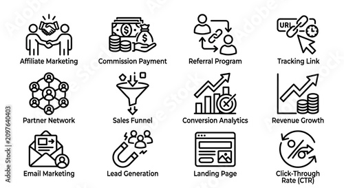 Photos Affiliate Marketing Icons Set: Business Growth, Sales Funnel, Referral, Tracking