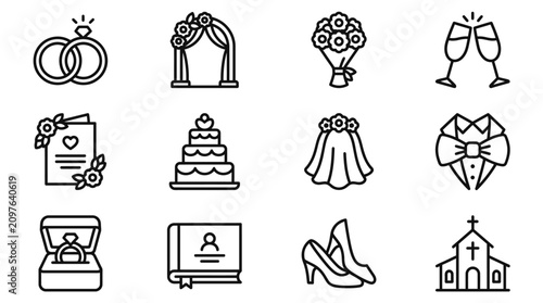 Wedding Icon Set: Rings, Cake, Flowers, Bride, Groom, Church, Champagne, Invitation