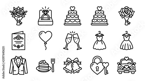 Wedding Icons Set: Bride, Groom, Cake, Rings, Flowers, Dress, Suit, Invitation, Love