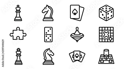 Cuadro en lienzo Collection of classic board game icons and symbols, chess, dice, cards, puzzle