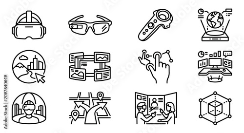 Virtual Reality Icons Set: VR headset, AR glasses, controller, holograms, futuristic tech