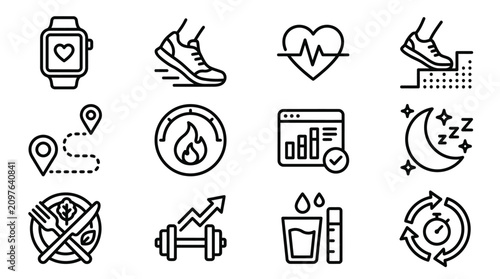 Cuadro en lienzo Fitness and Health Icons: Smartwatch, Running, Heart Rate, Stairs, GPS, Calorie,