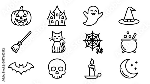 Fotografie Halloween Icons Set: Pumpkin, Ghost, Witch Hat, Castle, Cat, Spiderweb, Bat, Sku