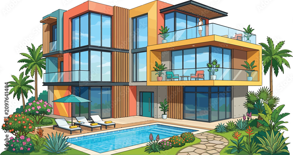 Fototapeta premium Modern luxury villa with swimming pool and tropical garden exterior view isolated on white background vector illustration