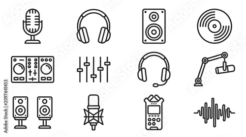 Schilderij op canvas Audio Equipment Icons: Microphone, Headphones, Speakers, DJ Mixer, Vinyl Record