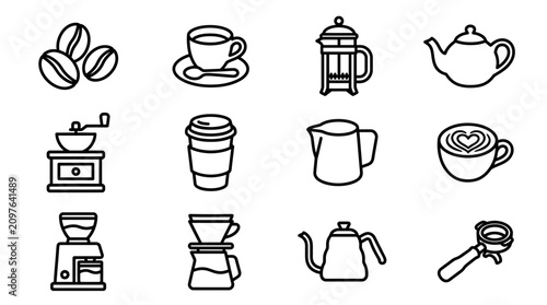 Bild auf Leinwand Coffee Icons Set: Beans, Grinders, Brewers, Cups, Teapot, French Press