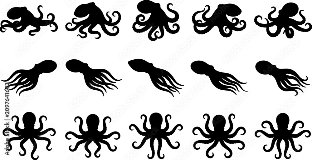 Fototapeta premium Black octopus silhouette vector set, cephalopod icons, marine animal graphics, aquatic sea life collection, octopus tentacles isolated on white background. 