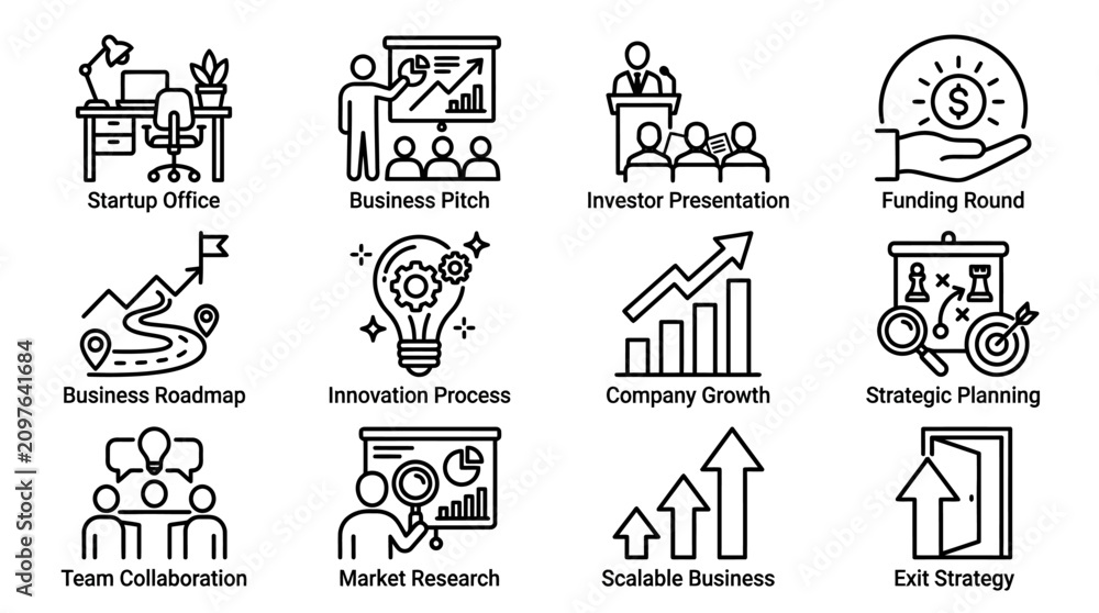 Obraz premium Business Strategy Icons: Startup, Funding, Growth, Planning, Teamwork, Innovation