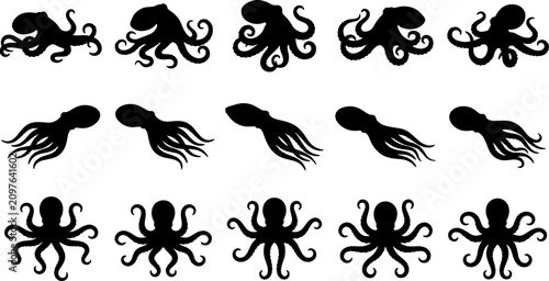Foto Black octopus silhouette vector set, cephalopod icons, marine animal graphics, aquatic sea life collection, octopus tentacles isolated on white background