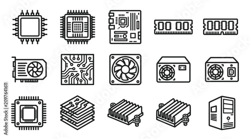 Cuadro en lienzo Computer Hardware Icons: CPU, GPU, RAM, Motherboard, Fan, PSU, Case