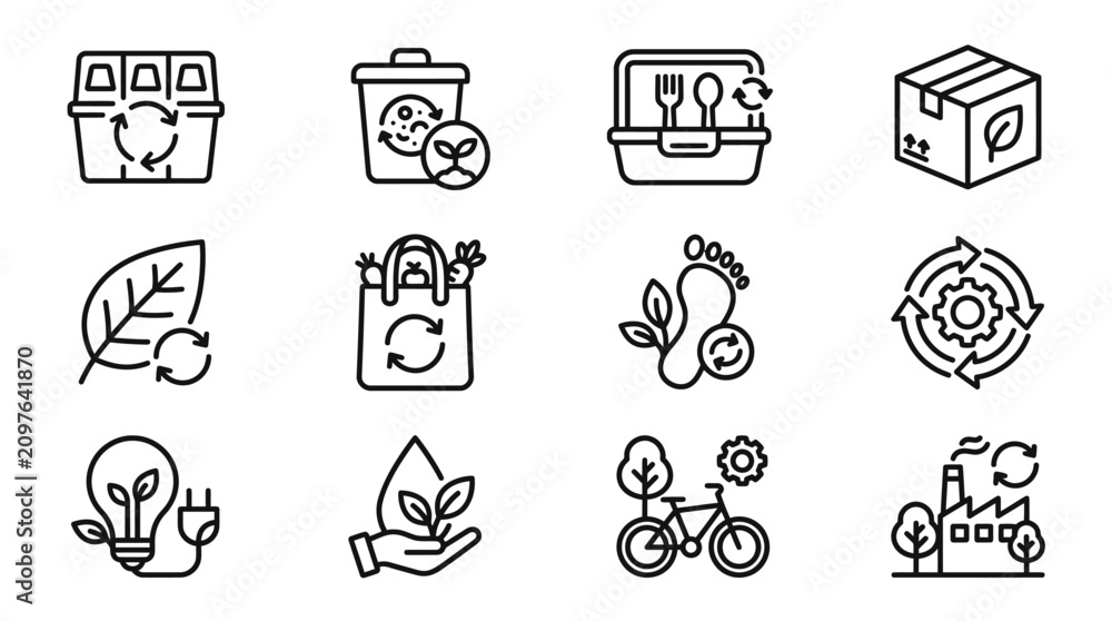 Fototapeta premium Eco-Friendly Icons: Sustainability, Recycling, Green Energy, Nature, and Clean Living Symbols