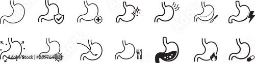 Canvastavla Stomach icon set with illness, stomachache, disease, GIST, digestion and healthcare vector symbols
