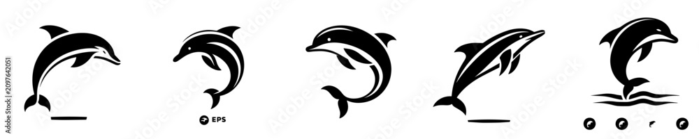 Naklejka premium Dolphin logo set, jumping dolphin silhouettes vector illustration