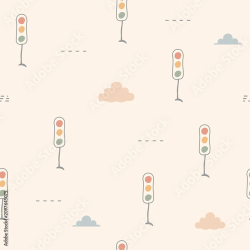 Minimal Scandinavian seamless pattern featuring soft pastel clouds, traffic light hand-drawn marks and a clean neutral color palette. for nursery textiles, baby products, wrapping paper, wallpaper