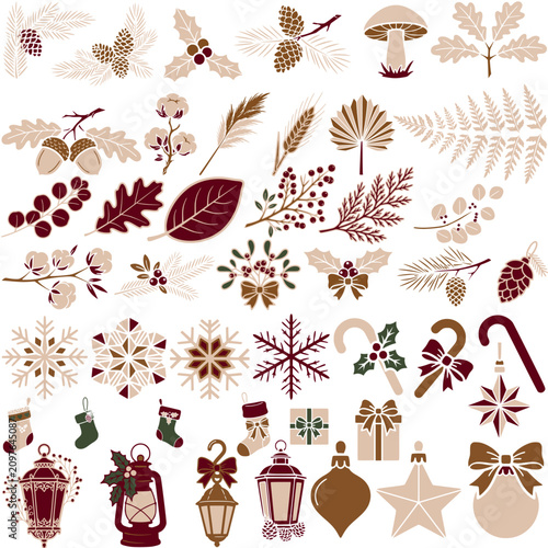 Christmas botanical vector collection with winter foliage, pinecones, berries, snowflakes, ornaments, lanterns and festive decorations in neutral Scandinavian colors isolated on white.