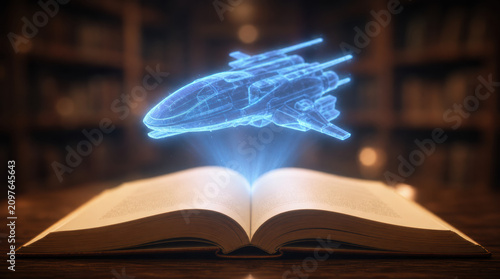 Open book hologram light spaceship library page, glowing blue futuristic aircraft projection over old paper with blurred shelf background and warm reading room atmosphere