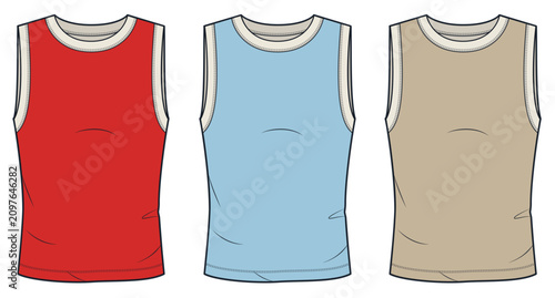 Unisex Muscle Tank Top Fashion Flat Technical Drawing Template, Color Set, Front View, Activewear CAD Mockup