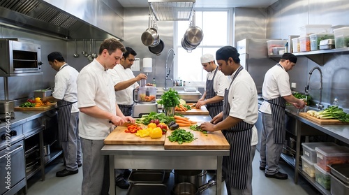 Professional Chefs Preparing Fresh Vegetables in a Modern Commercial Kitchen