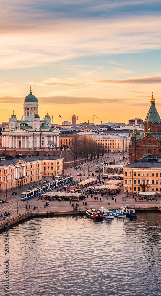 Fototapeta premium Historic Helsinki Waterfront Skyline Glowing at Sunset Over Busy Harbor Square