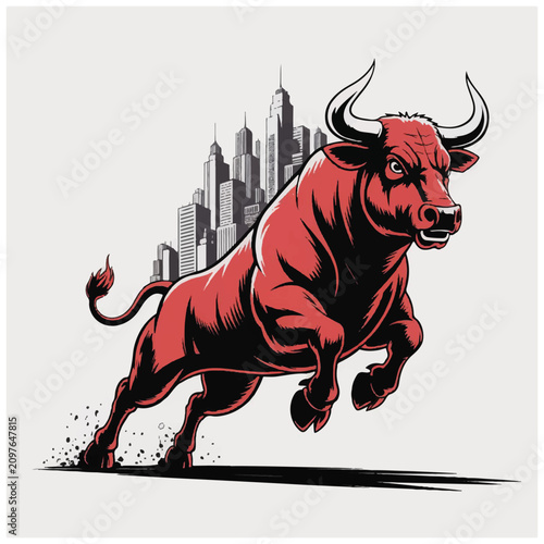 Принти на полотні Red bull running with city background.
