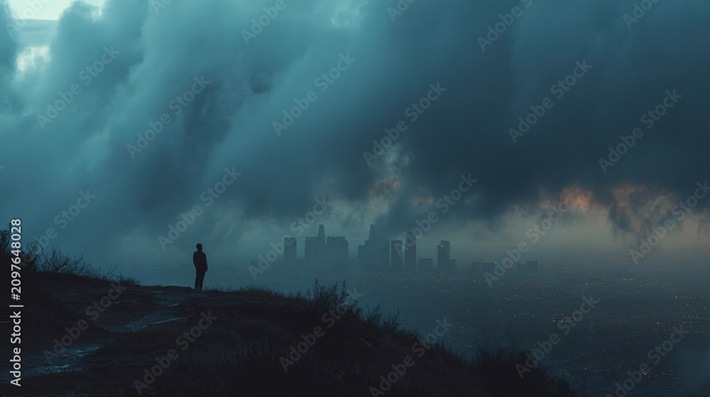 Fototapeta premium Man Standing City Skyline Storm Clouds Fog Silhouette Water Dusk Moody Atmospheric Landscape Background