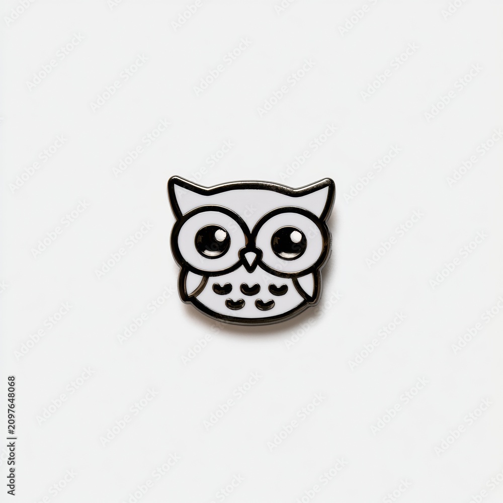 Fototapeta premium Enamel pin design features an owl face on a white background with colorful fills. The design is flat and bold with a black outline.