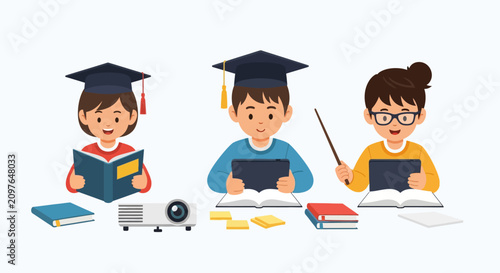 Children wearing graduation caps studying books and using tablets.