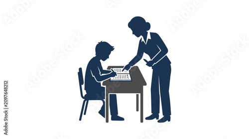 A teacher assisting a student with their schoolwork at a desk.